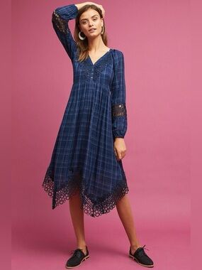 Anthropologie Plaid Lace-Trim Kirchief Dress